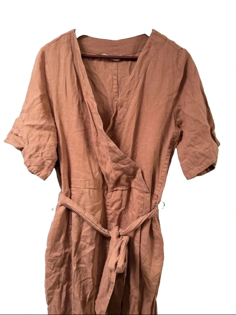 Everlane European Flax Linen Wide Leg Wrap Clay Brown Belted Jumpsuit 10 Summer
